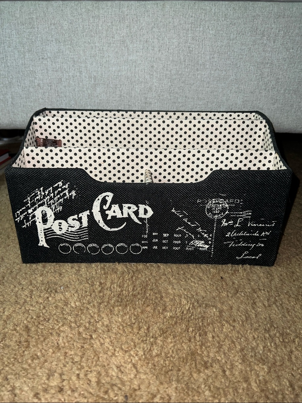 Black 'Postcard' Fabric Organizer with Polka Dot Lining